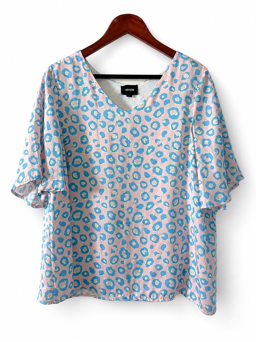 Heyson Leopard Print Blouse Flutter Sleeve Pink Blue Work Top L